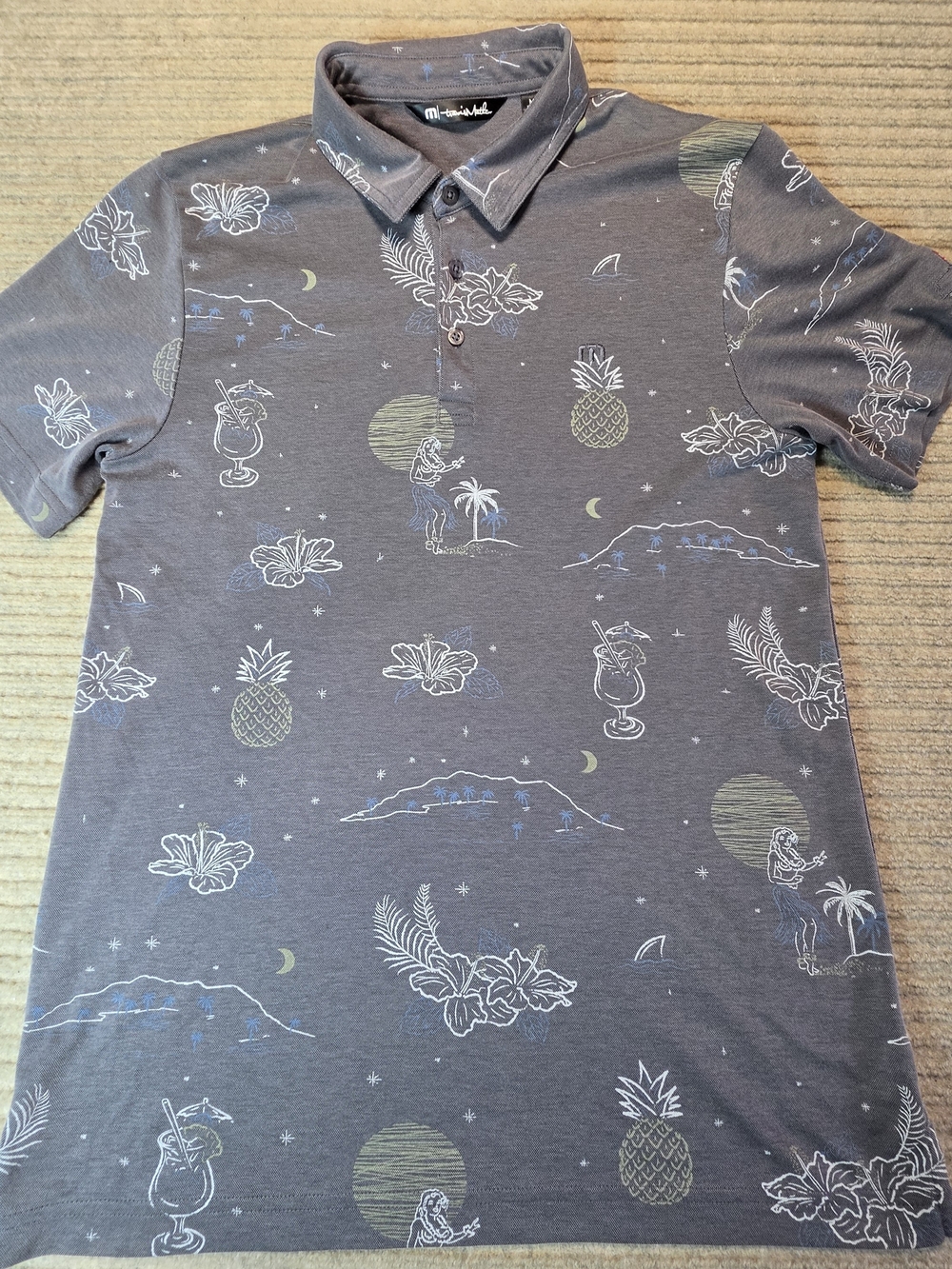 Travis Mathew Polo Shirt Mens Med Gray Hawaiian Floral Palm Golf Casual Tropical